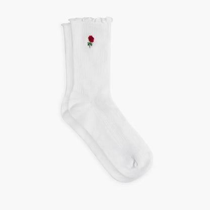 Women’s Ruffle Rib Quarter Sock | White x Rose Embroidery
