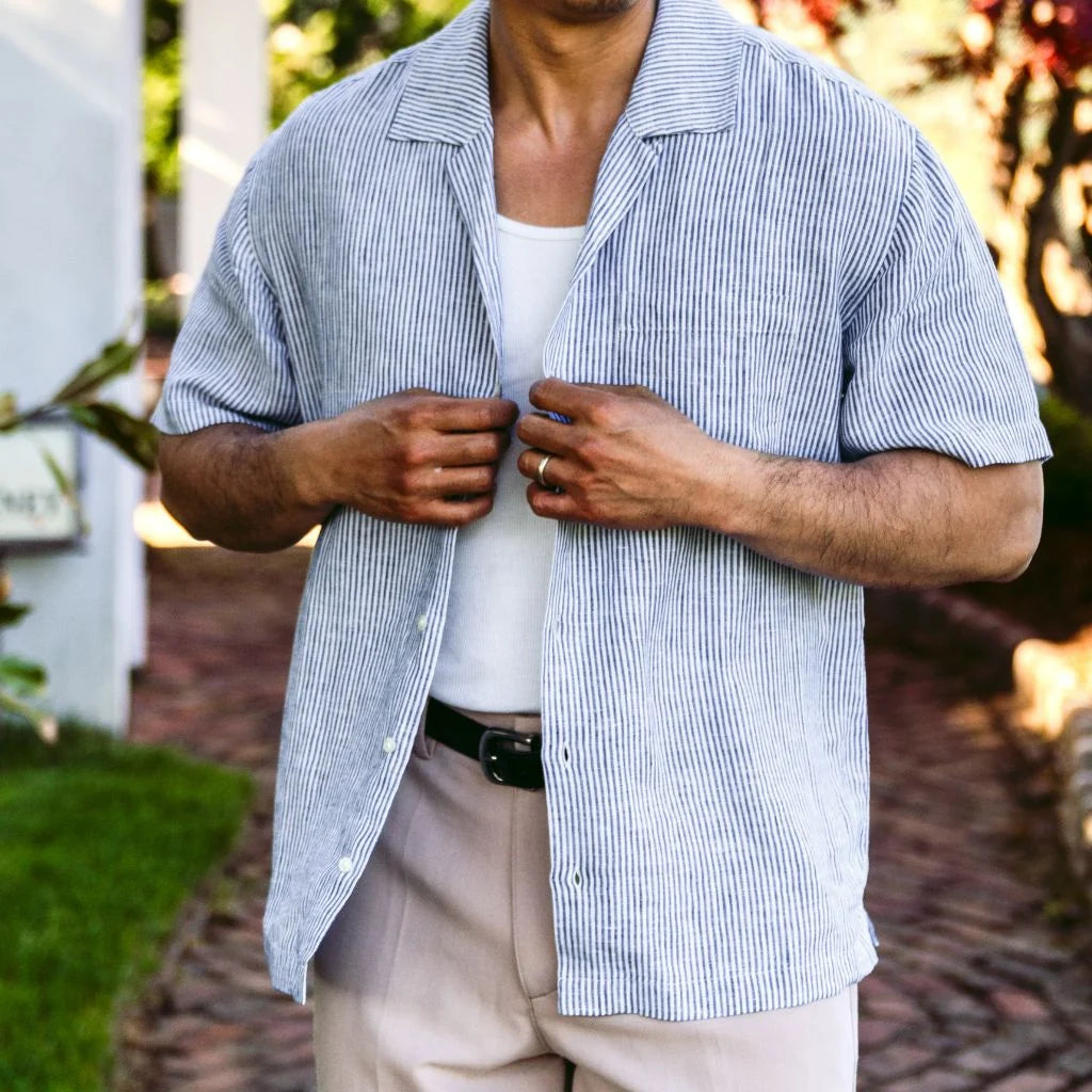Linen Camp Shirt | White & Indigo
